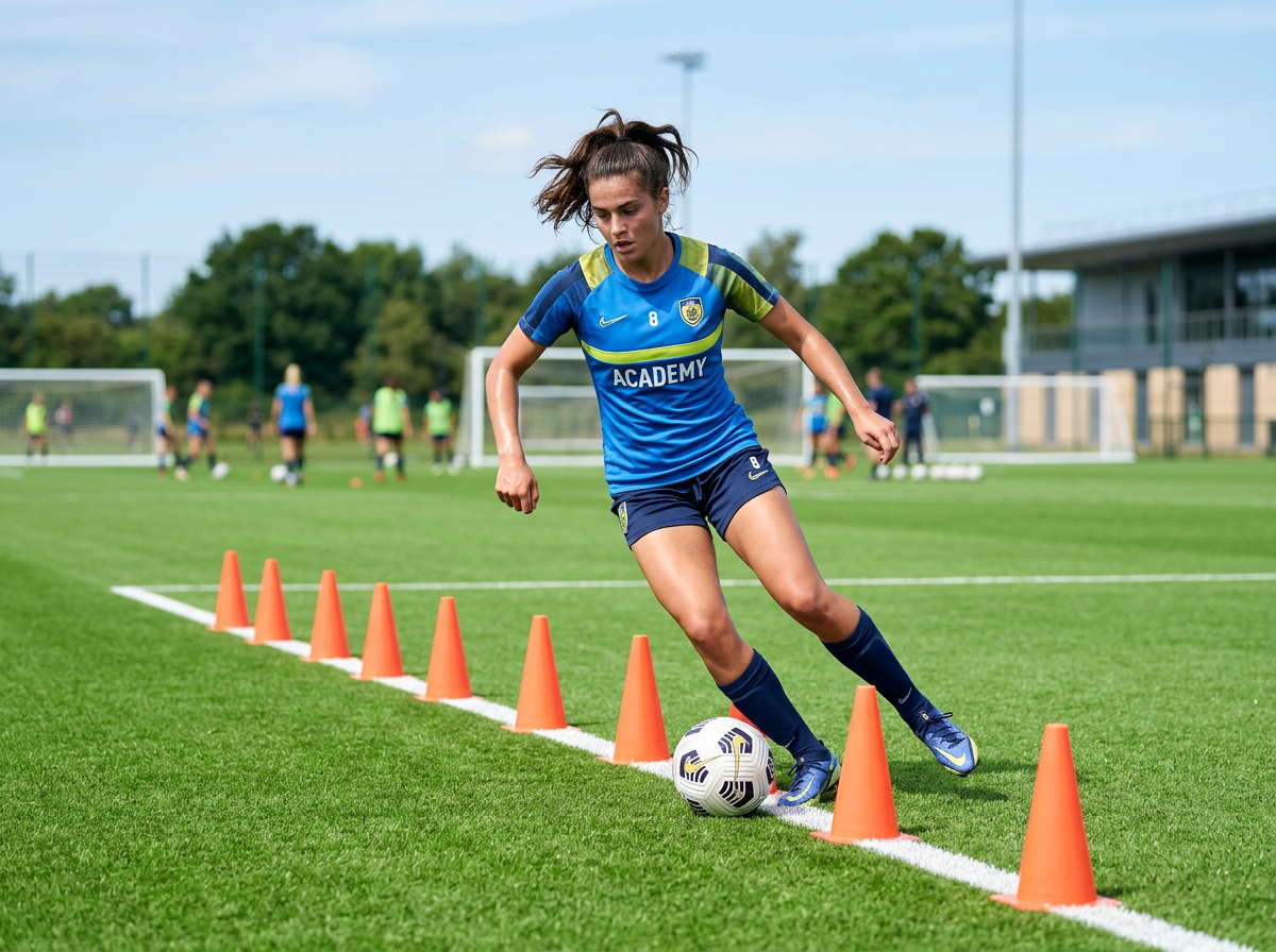 A footballer weaving through cones during a dribbling drill